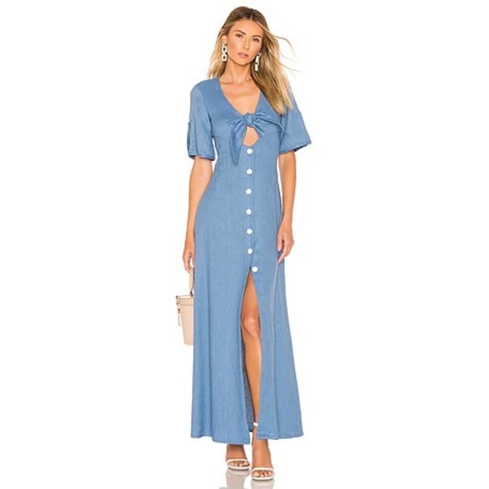 Alexis Jameela Shell Blue Linen Maxi Dress Tie Front Button Size L